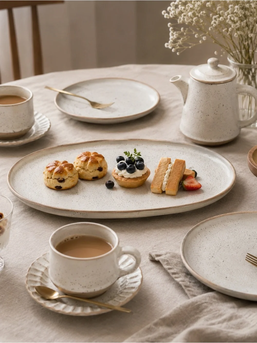 Speckled White Oval Serving Plate with Rustic Edge